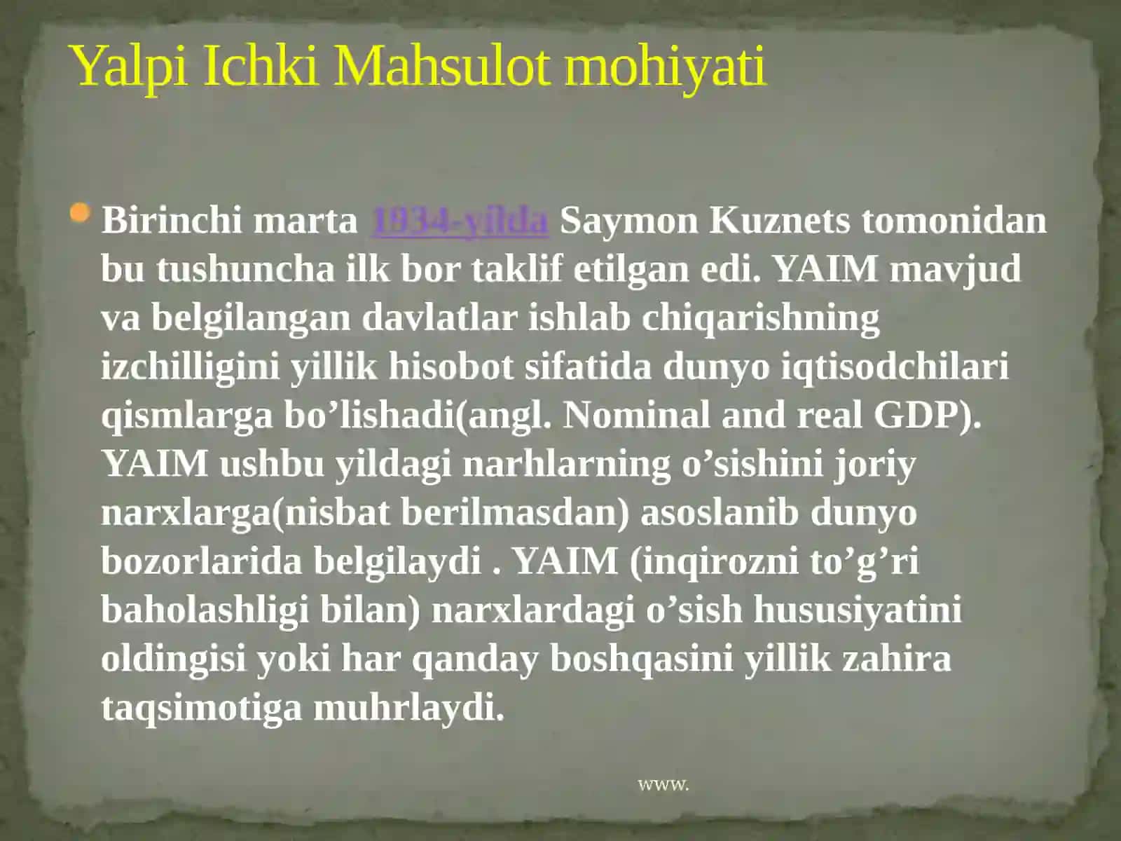 Yalpiichki mahsulot statistikasi va uning xajmini hisoblash usullari 2