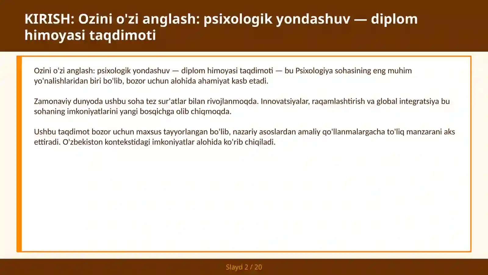 Ozini o'zi anglash: psixologik yondashuv — diplom himoyasi taqdimoti 2