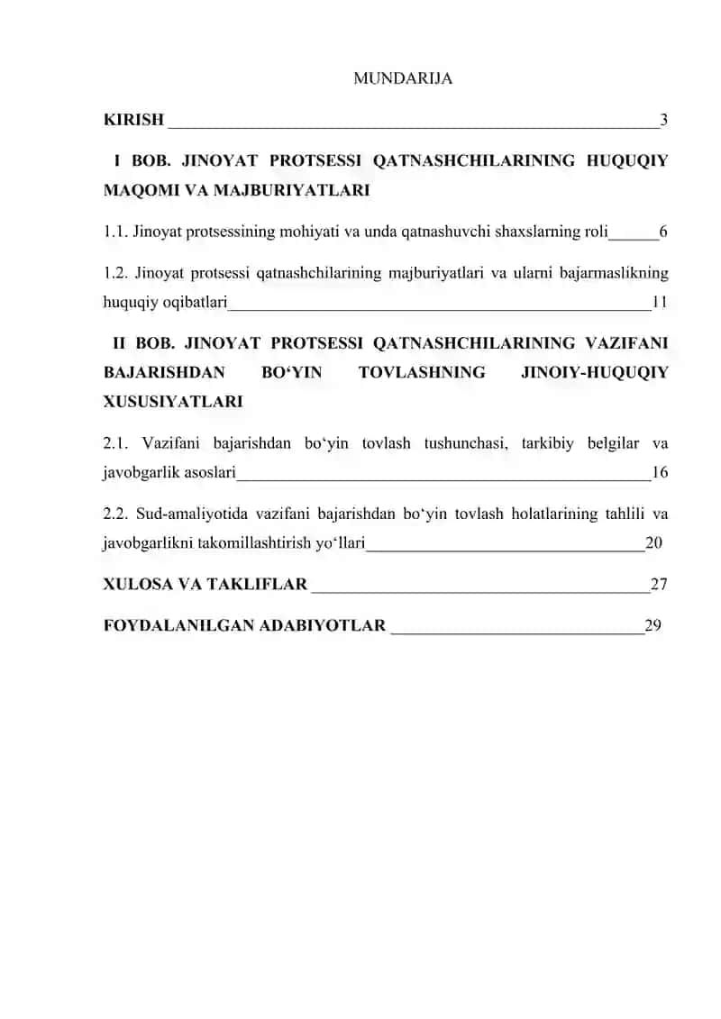 Jinoyat Prodsesi Qatnashchilari O'z Zimmasidagi Vazifani Bajarishdan Bo'yin Tovlashning Jinoyiy-huquqiy Xususiyatları Kurs Ishi 2