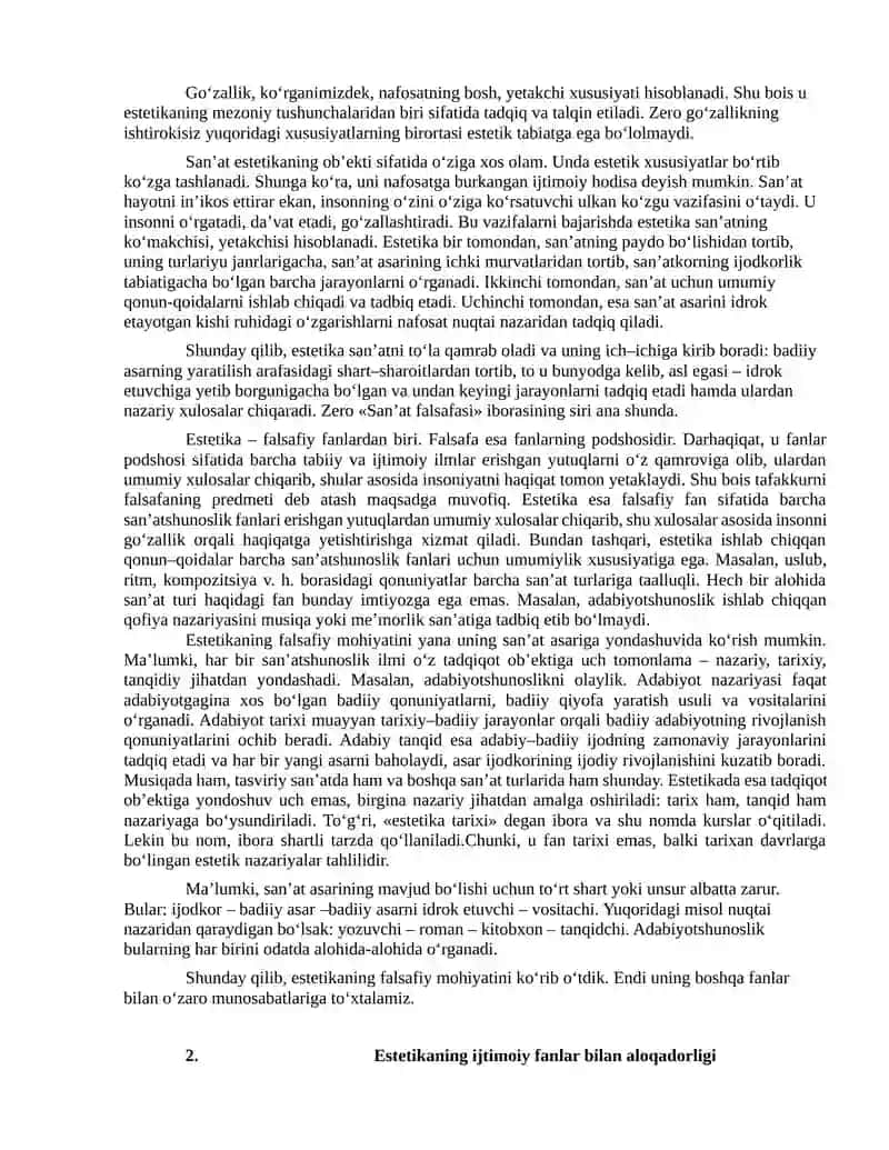 Estetikaning Predmeti, Maqsadi va Vazifalari 2