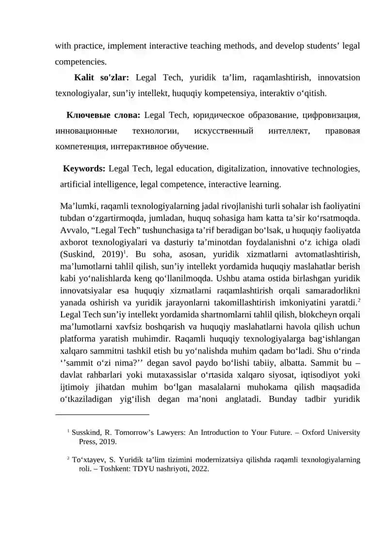 Legal Tech orqali yuridik ta`lim sifatini oshirish imkoniyatlari 2