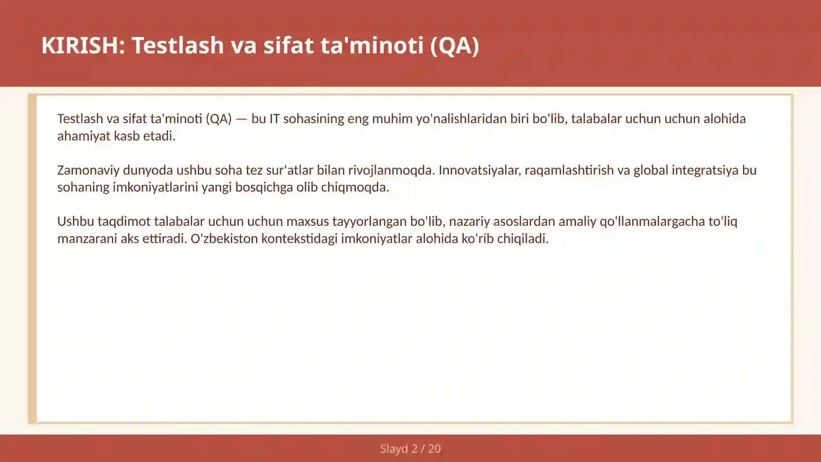 Testlash va sifat ta'minoti (QA) 2