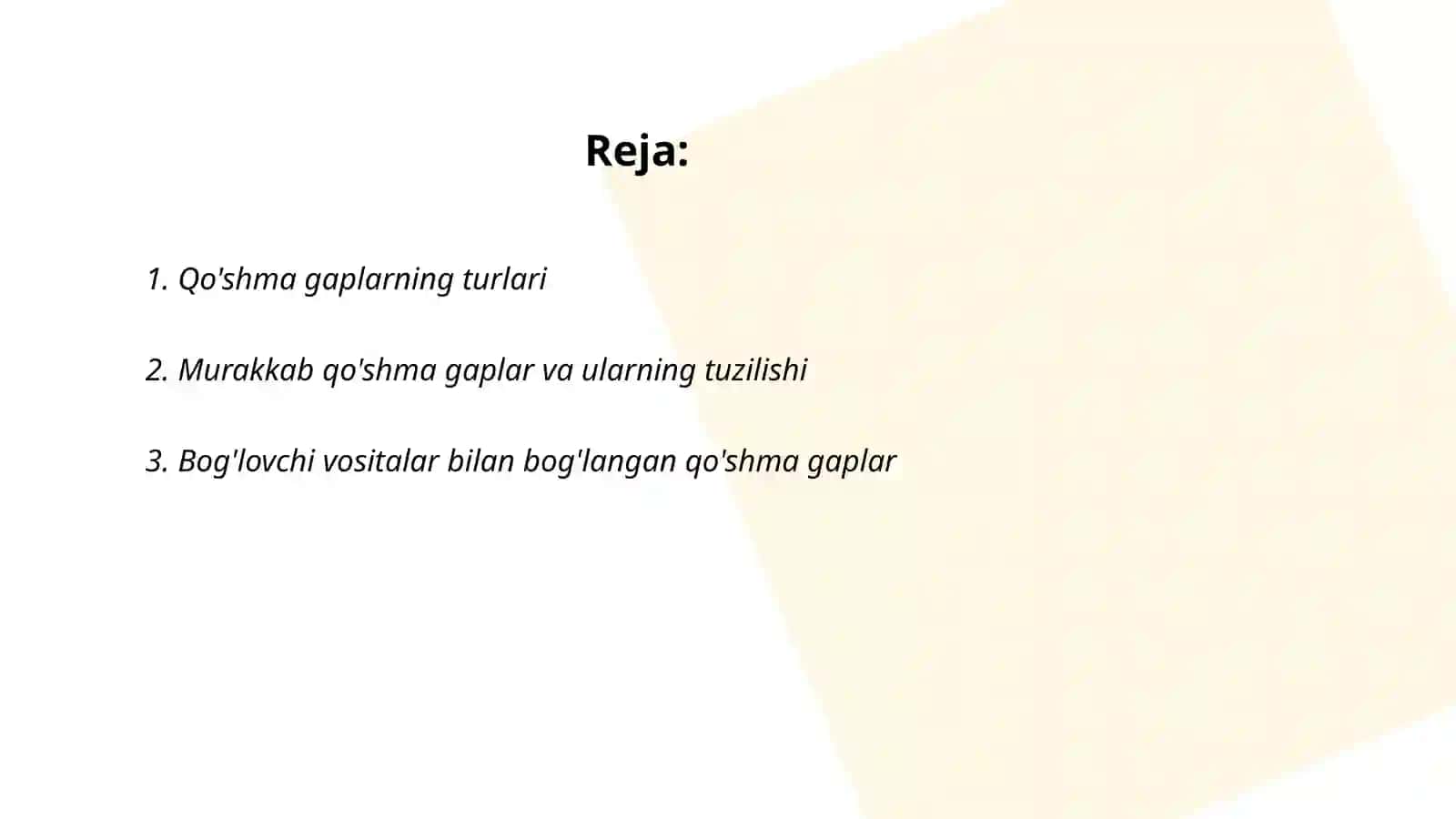 Qo'shma gaplar.Qo'shma gaplarning formal- funksional talqini. Murakkab qo'shma gaplar 2