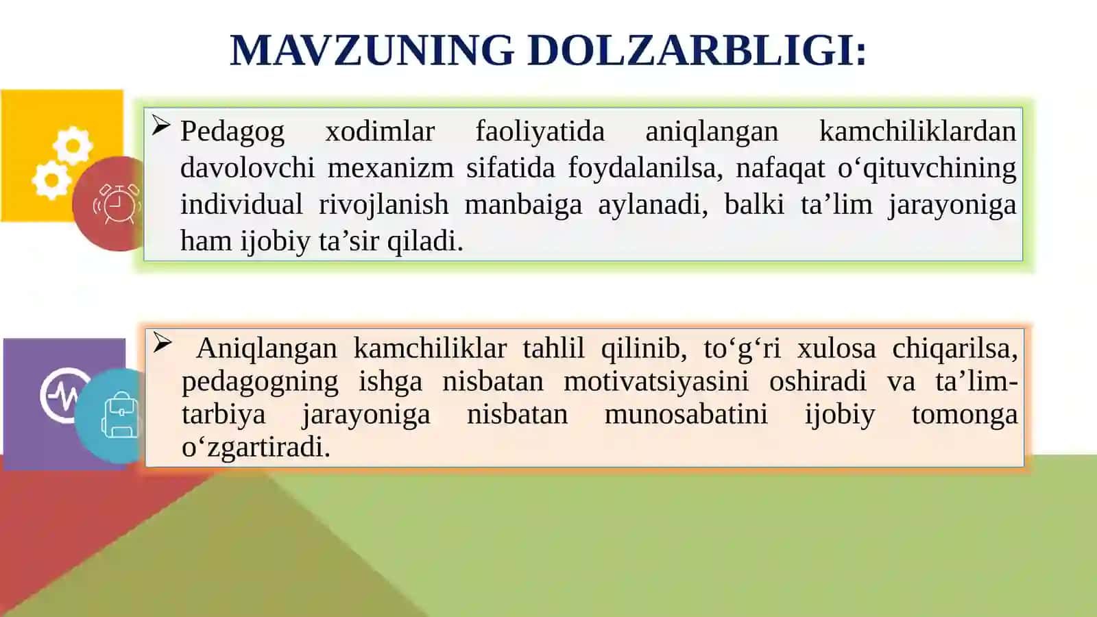 PEDAGOG XODIMLAR FAOLIYATIDA ANIQLANGAN KAMCHILIKLARDAN DAVOLOVCHI MEXANIZM SIFATIDA FOYDALANISH 2