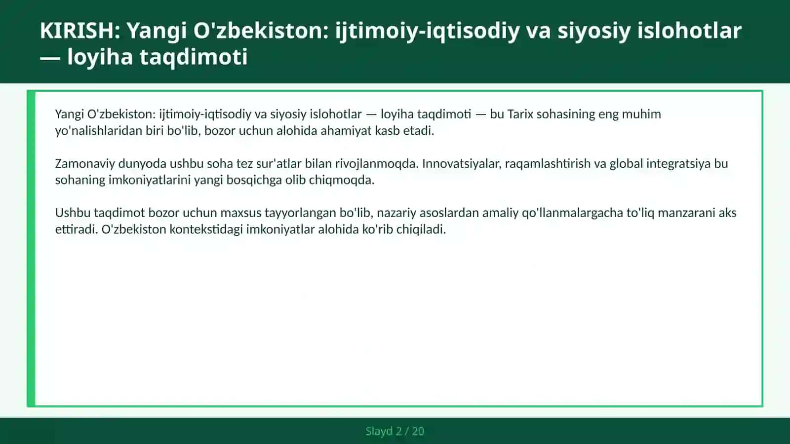 Yangi O'zbekiston: Ijtimoiy-iqtisodiy va siyosiy islohotlar — loyiha taqdimoti 2