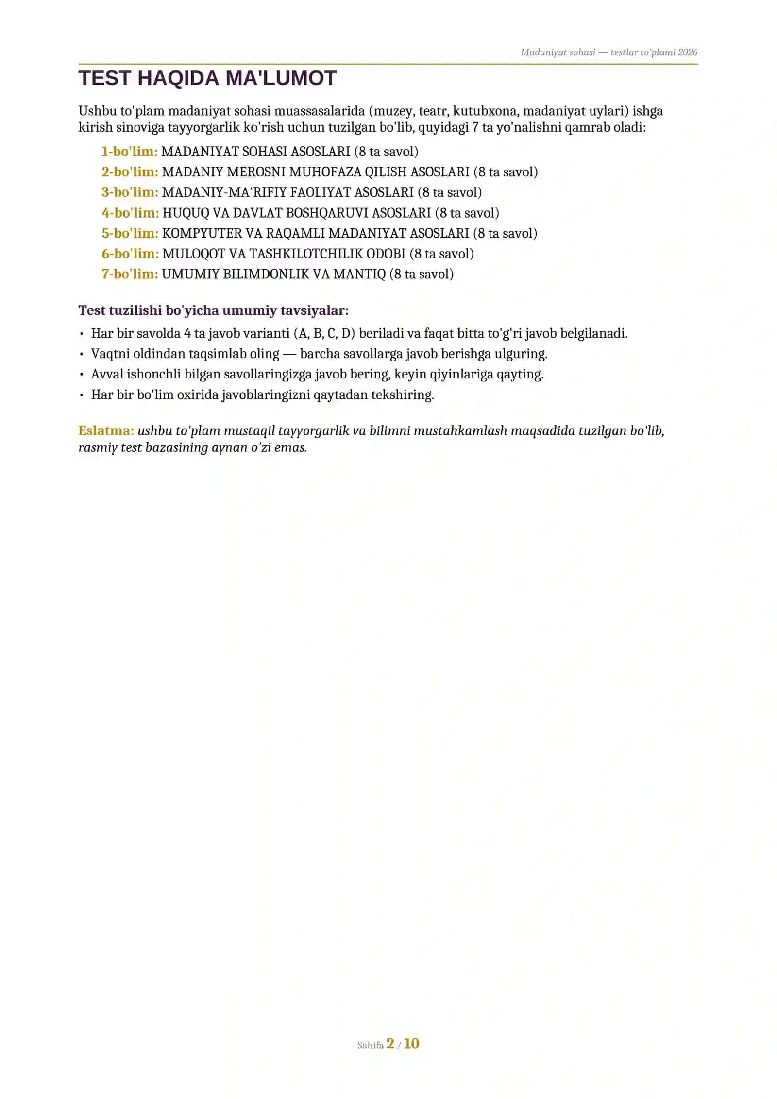 Madaniyat muassasalariga ishga kirish sinoviga tayyorgarlik testlari qo'llanmasi 2