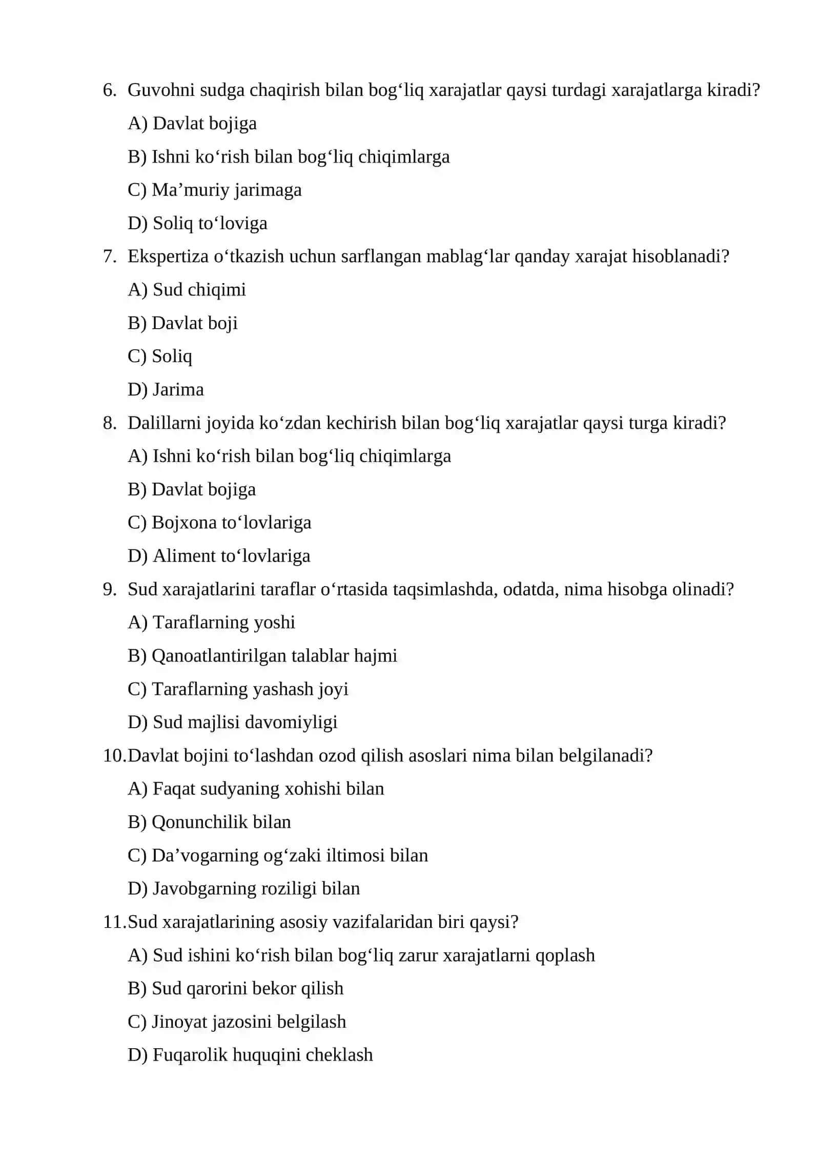 Sud xarajatlari, davlat boji va ishni ko‘rish bilan bog‘liq chiqimlar test 2