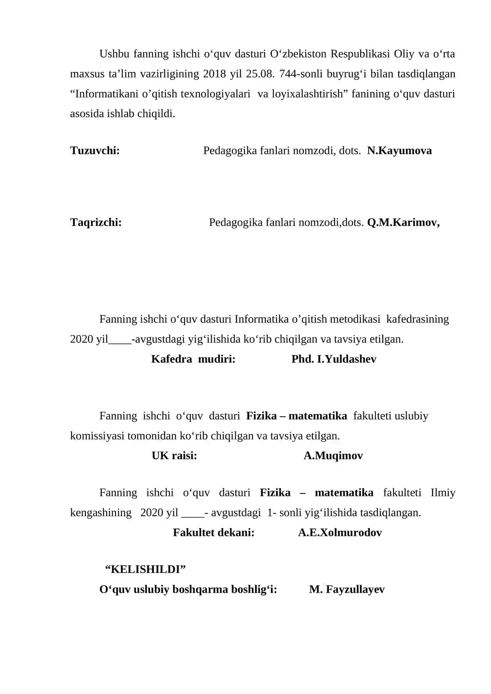 INFORMATIKANI O‘QITISH TEXNOLOGIYALARI VA LOYIHALASHTIRISH FANINING ISHCHI O‘QUV DASTURI 2