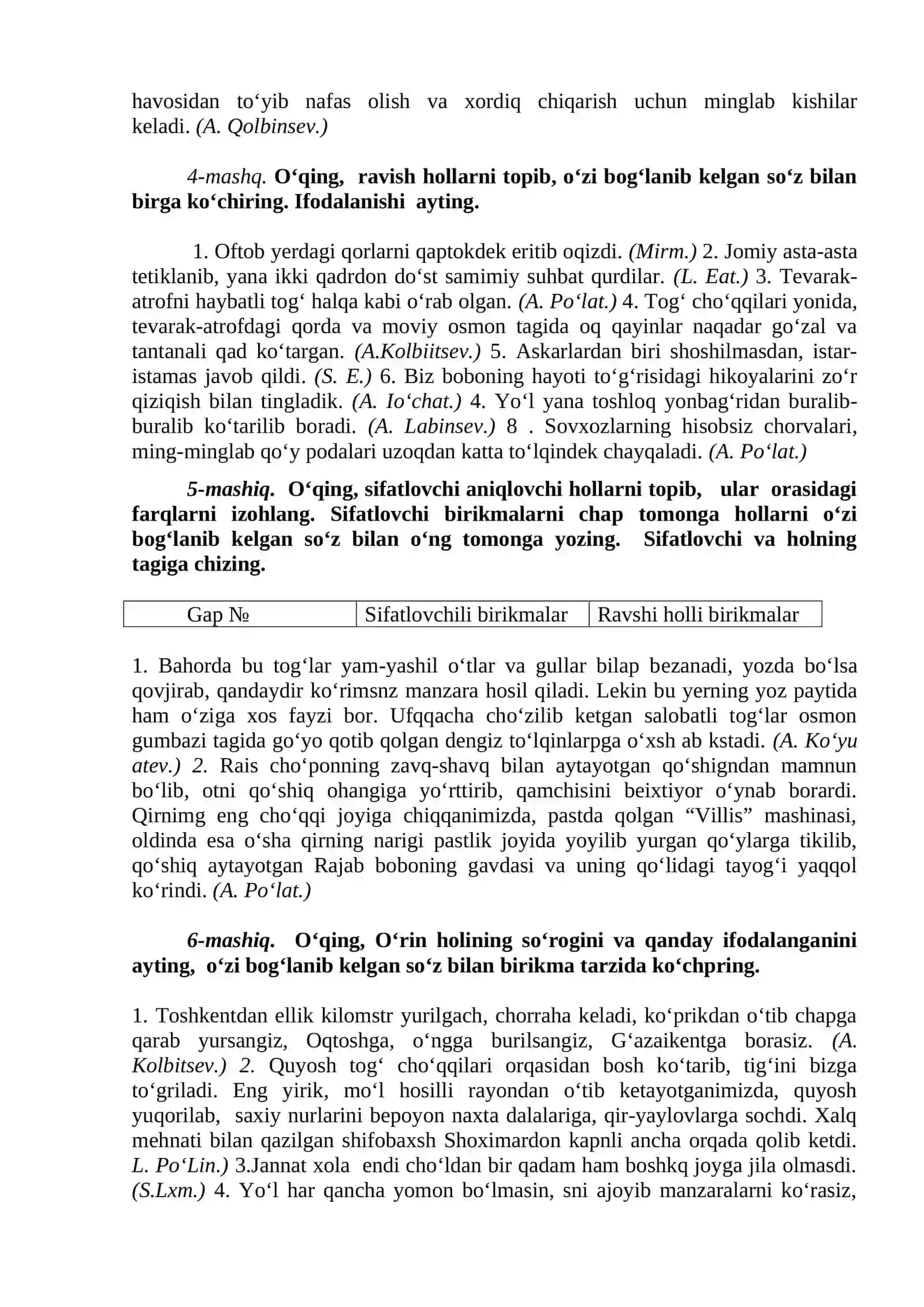 Gap bo‘laklarining joylashish tartibi bo‘yicha savol-javob o‘tkazish, mashqlar, test topshiriqlari bajarish va lisoniy tahlil qoliplarini to‘ldirish 2