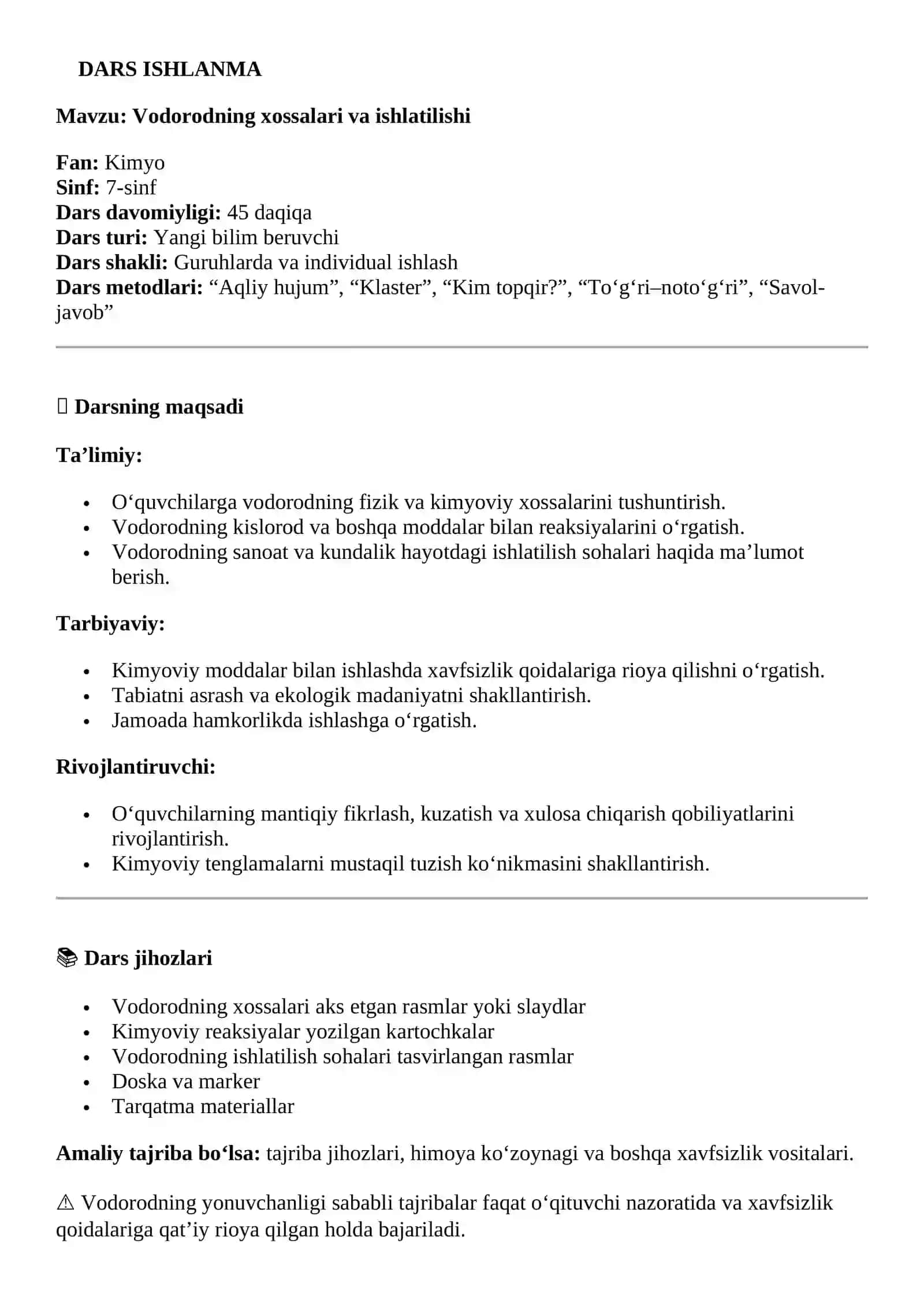 Vodorodning xossalari va ishlatilishi 2