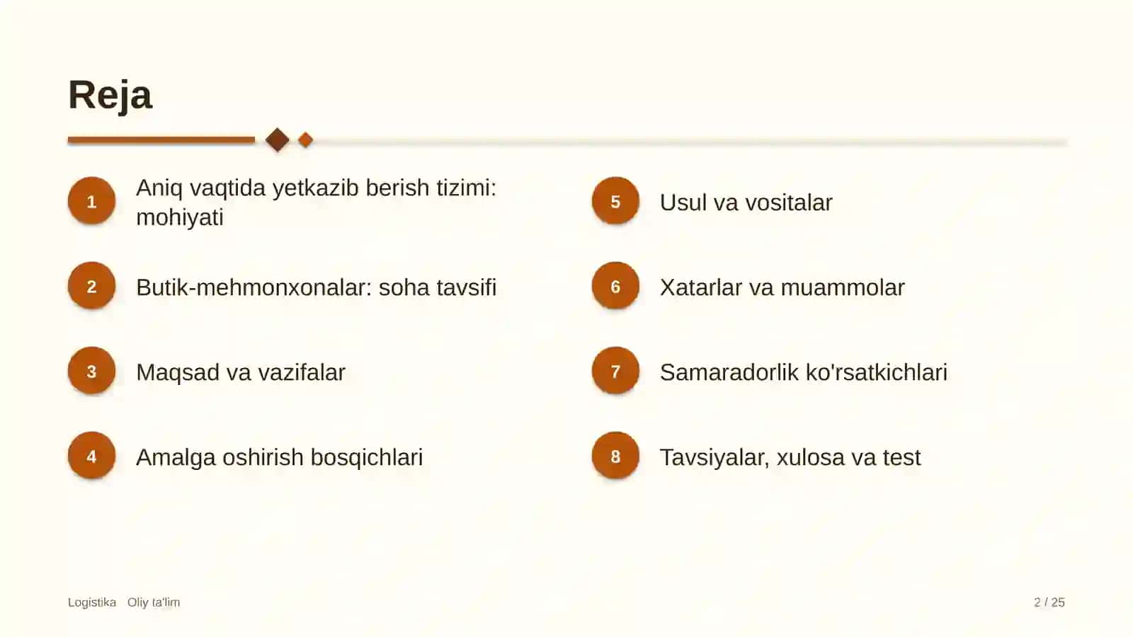 Butik-mehmonxonalarda aniq vaqtida yetkazib berish tizimi 2