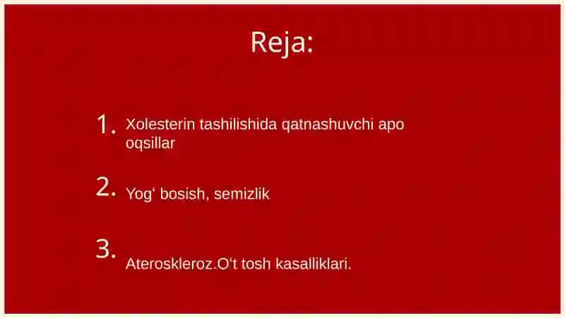 Xolesterin tashishda qatnashuvchi apo oqsillar, yogʻ bosish, semirish. Ateroskleroz rivojlanishining biokimyoviy asoslari. Oʻt - tosh kasalliklari. Sfingolipidozlar 2