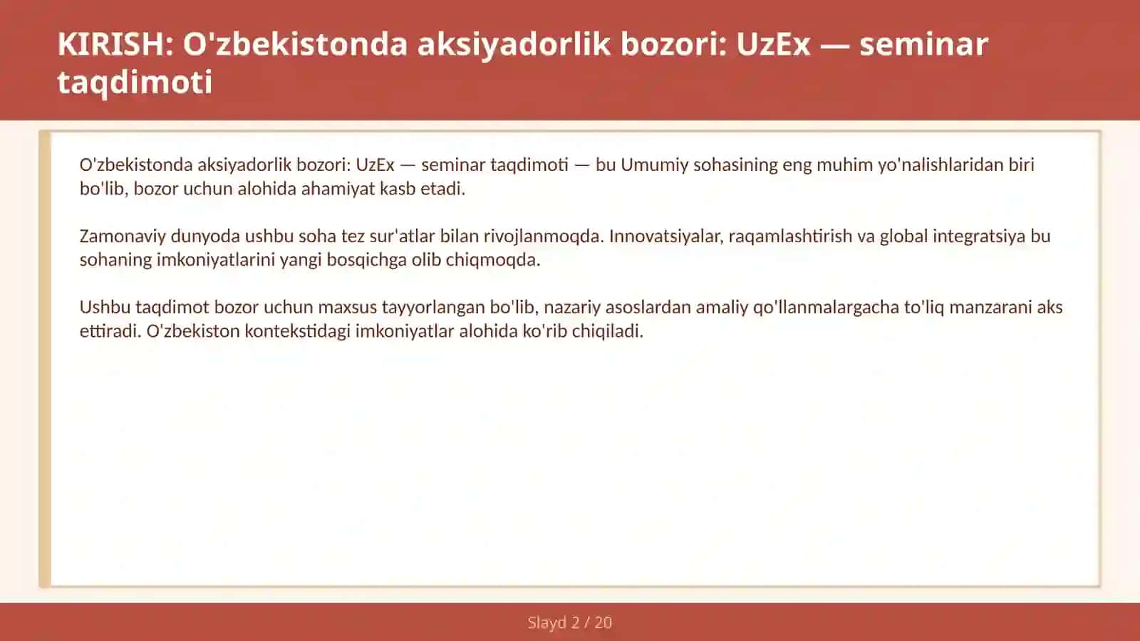 O'zbekistonda aksiyadorlik bozori: UzEx — seminar taqdimoti 2