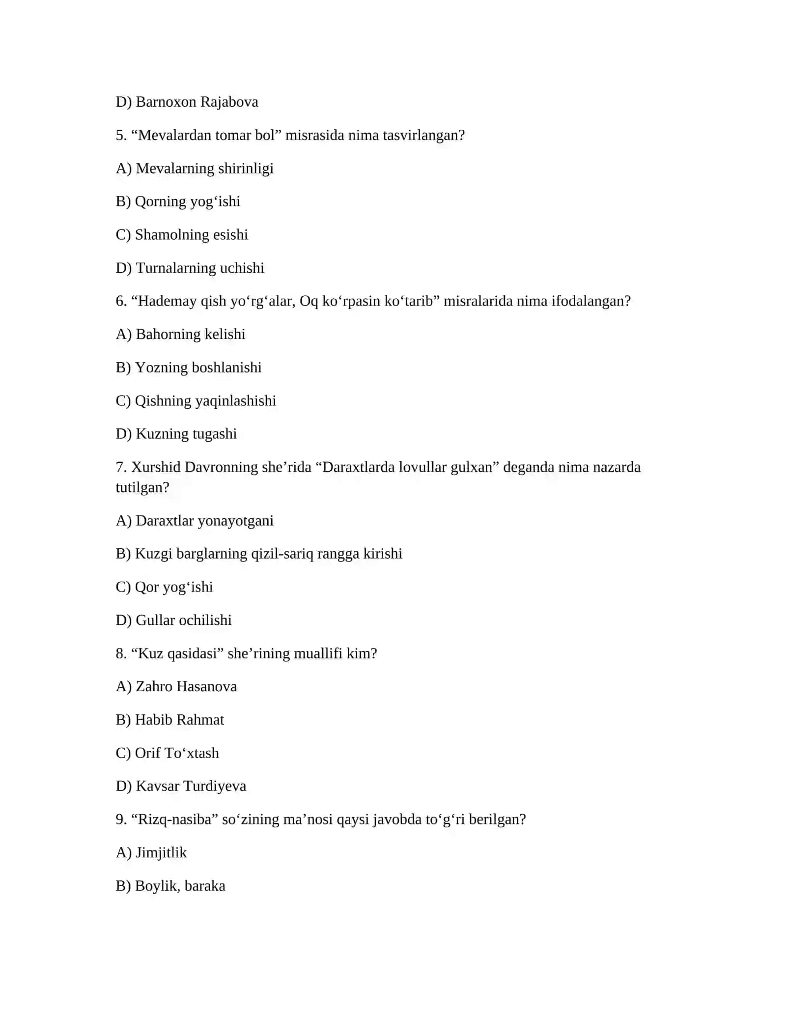 13–14–15-DARSLAR YUZASIDAN NAZORAT TESTI 2