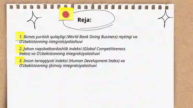 Biznes yuritish qulayligi (World Bank Doing Business) reytingi va Oʻzbekistonning integratsiyalashuvi 2