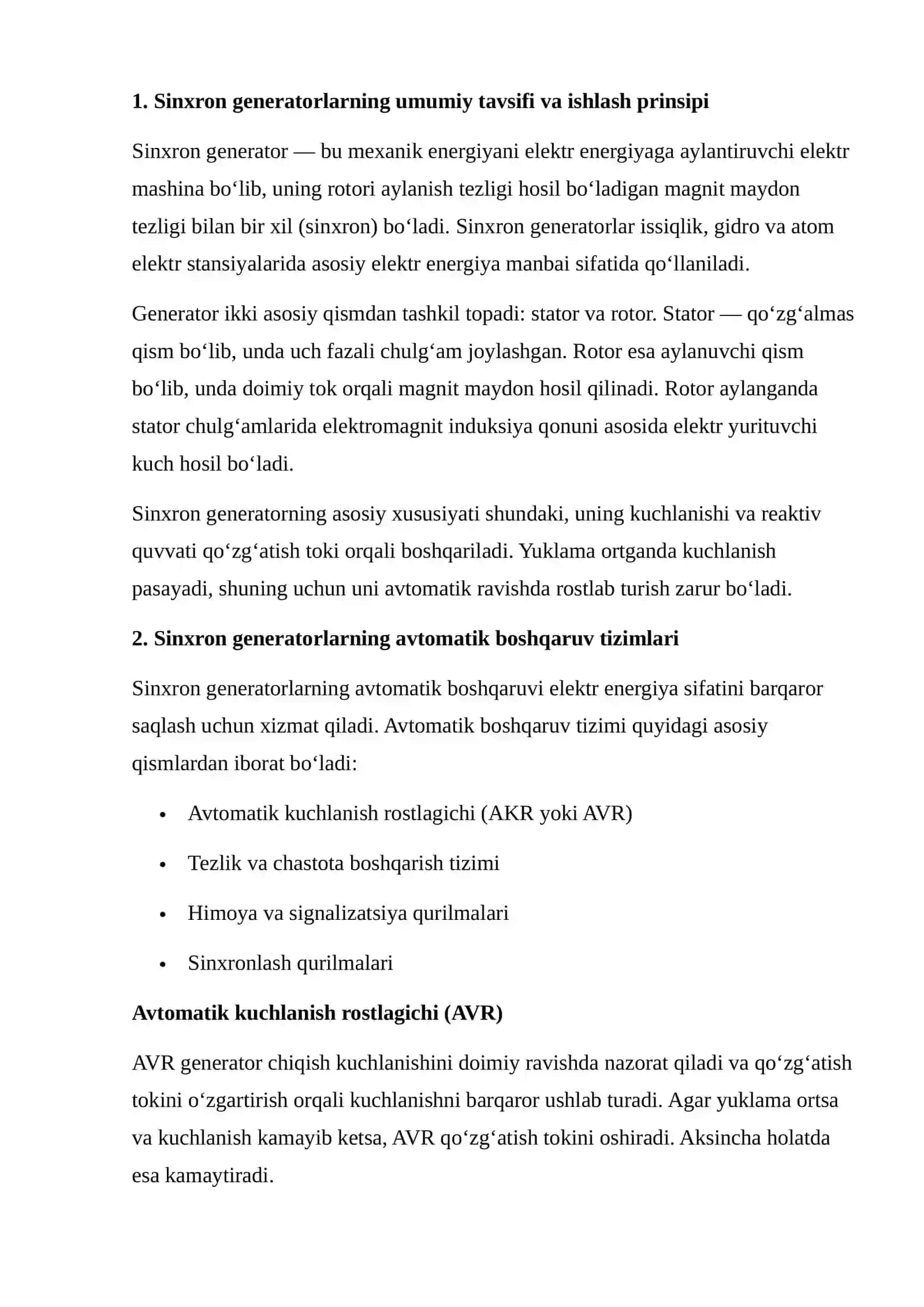 SINXRON GENERATORLARNING AVTOMATIK BOSHQARUVI 2