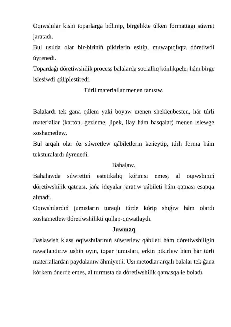Baslawish klass oqiwshiları suwretlew qábileti hám dóretiwshiligin rawajlandırıw 2