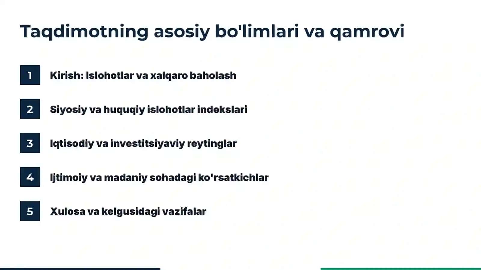 Yangi O'zbekistonning xalqaro reyting va indekslardagi o'rni 2