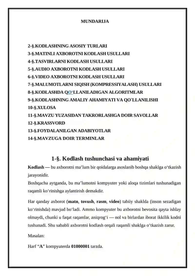 BERILGANLARNI KODLASH USULLARI 2