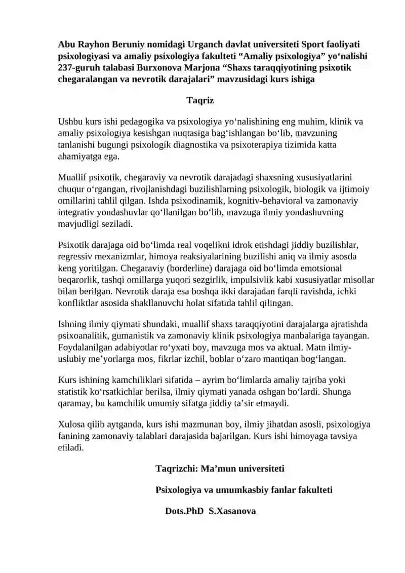 "Shaxs taraqqiyotining psixotik chegaralangan va nevrotik darajalari" 2