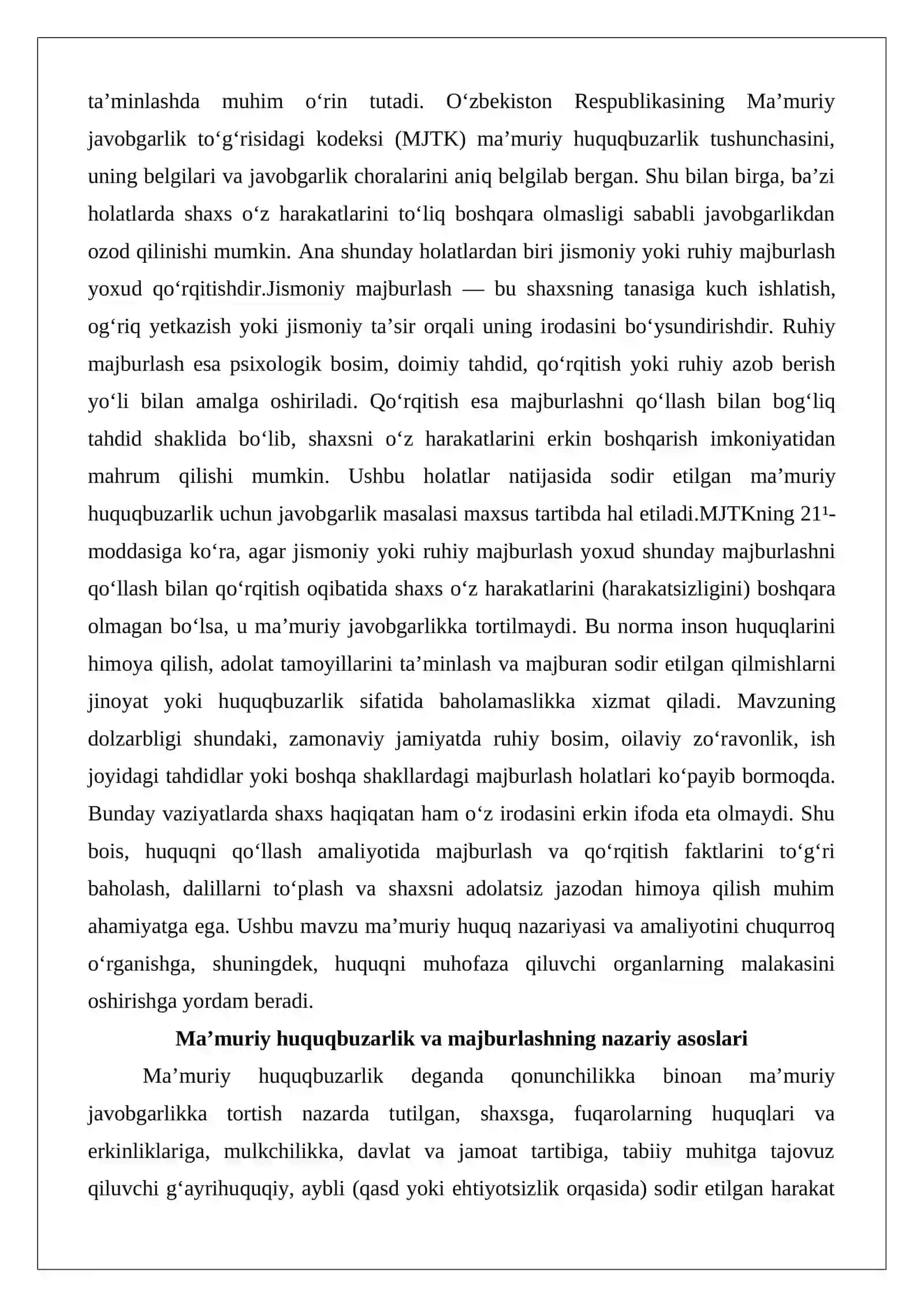 Ma’muriy huquqbuzarliklarda jismoniy yoki ruhiy majburlash yoxud qo‘rqitish 2