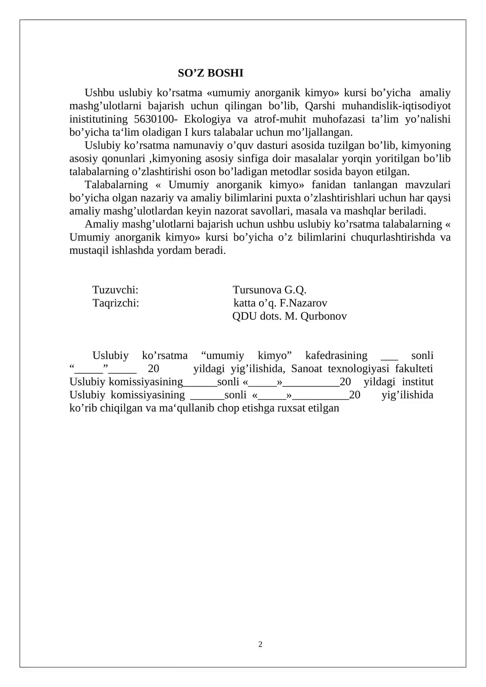 Umumiy va Anorganik Kimyo Fanidan Amaliy Mashg'ulot Ishlari 2