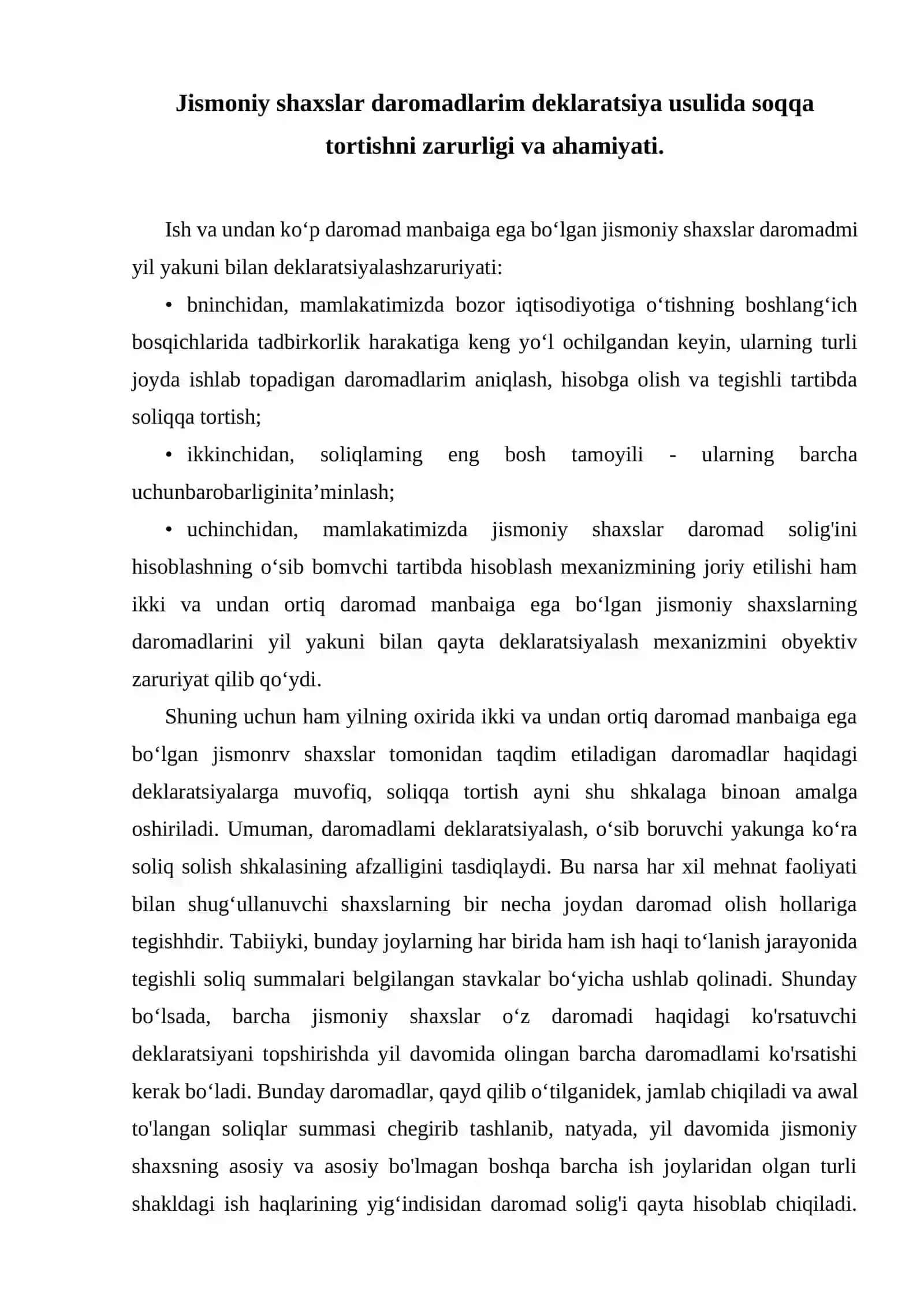 Jismoniy shaxslarga daromadlar tog’risidagi deklaratsiya asosida soliq solish 2