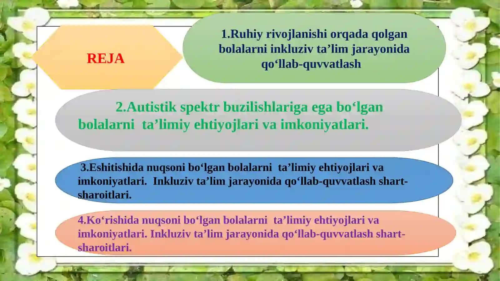 TURLI DARAJADAGI INTELLEKTUAL YETISHMOVCHILIGI BO’LGAN BOLALAR AUTISTIK SPEKTR BUZILISHIGA EGA BOLALAR UCHUN INKLYUZIV TA’LIM STRATEGIYALARI VA ULARNI AMALGA OSHIRISH SHART-SHAROITLARI 2