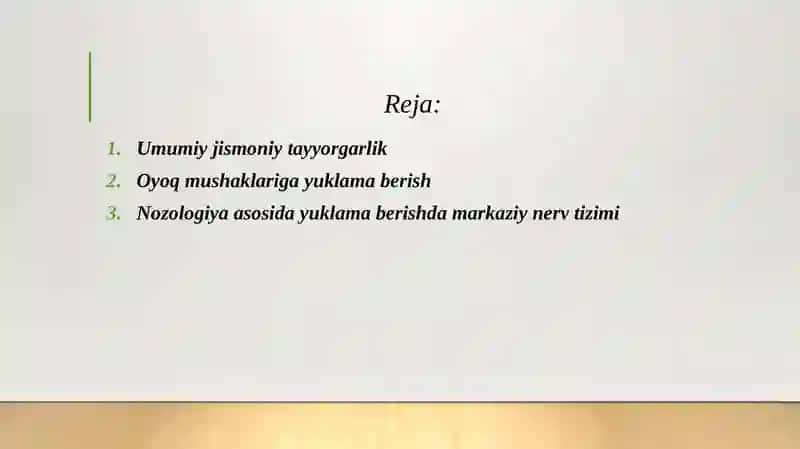 Umumiy jismoniy tayyorgarlik, nozologiya bo'yicha oyoq, qo'l va tana mushaklariga yuklamalarni berish. 2