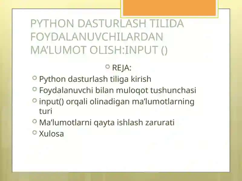 PYTHON DASTURLASH TILIDA FOYDALANUVCHILARDAN MA’LUMOT OLISH INPUT () 2