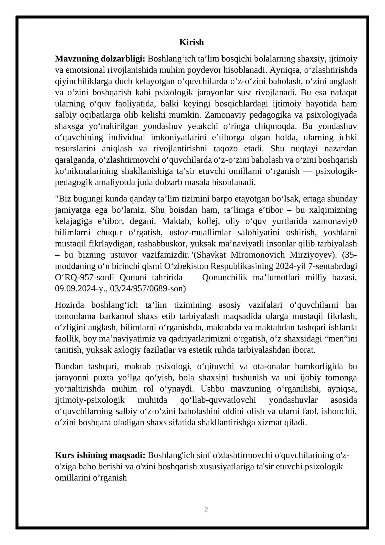 Boshlang'ich sinf o'zlashtirmovchi o'quvchilarining o'z-o'ziga baho berishi va o'zini boshqarish xususiyatlariga ta'sir etuvchi psixologik omillar 2