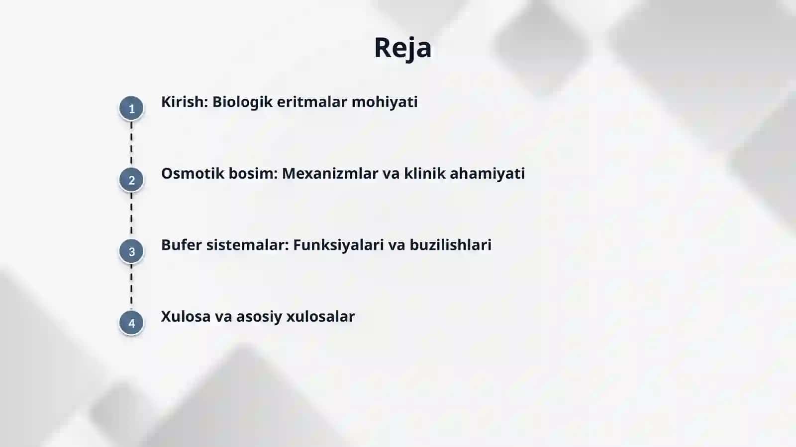 Biologik eritmalar va ularning fizik-kimyoviy xossalari: osmotik bosim, bufer sistemalar, pH va kislota-ishqor muvozanatining klinik ahamiyati. 2