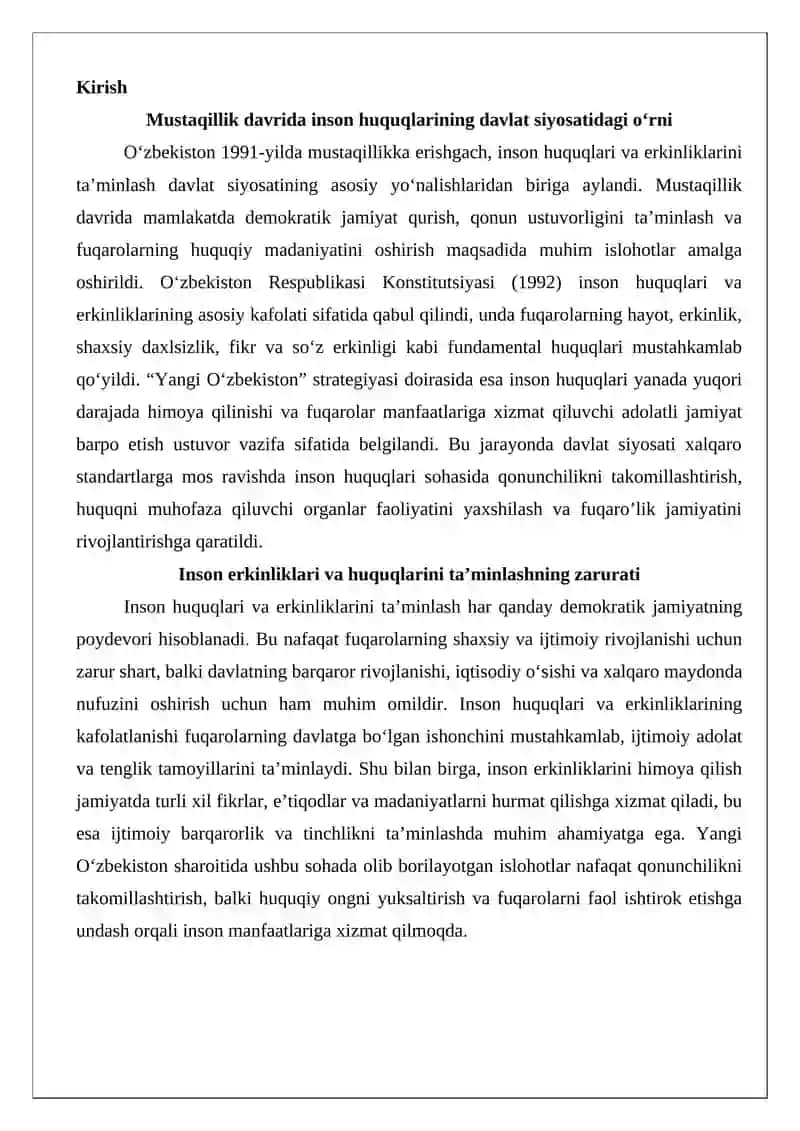 Yangi O‘zbekistonda inson haq-huquqlari va erkinliklari kafolatining yaratilishi 2