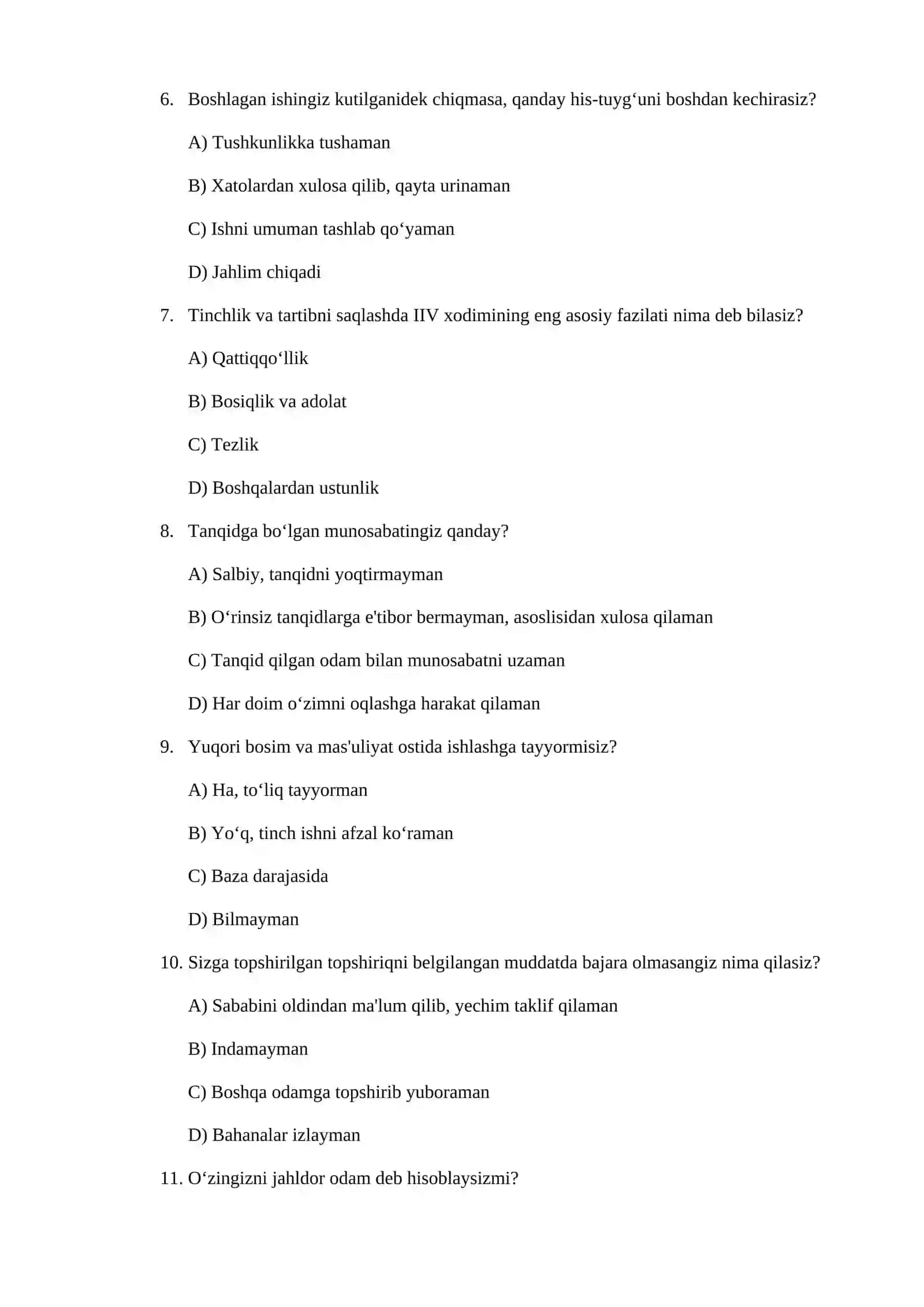 Ichki ishlar (IIV) organlariga kiruvchilar uchun psixologik testlar to‘plami (Javoblari bilan) 2