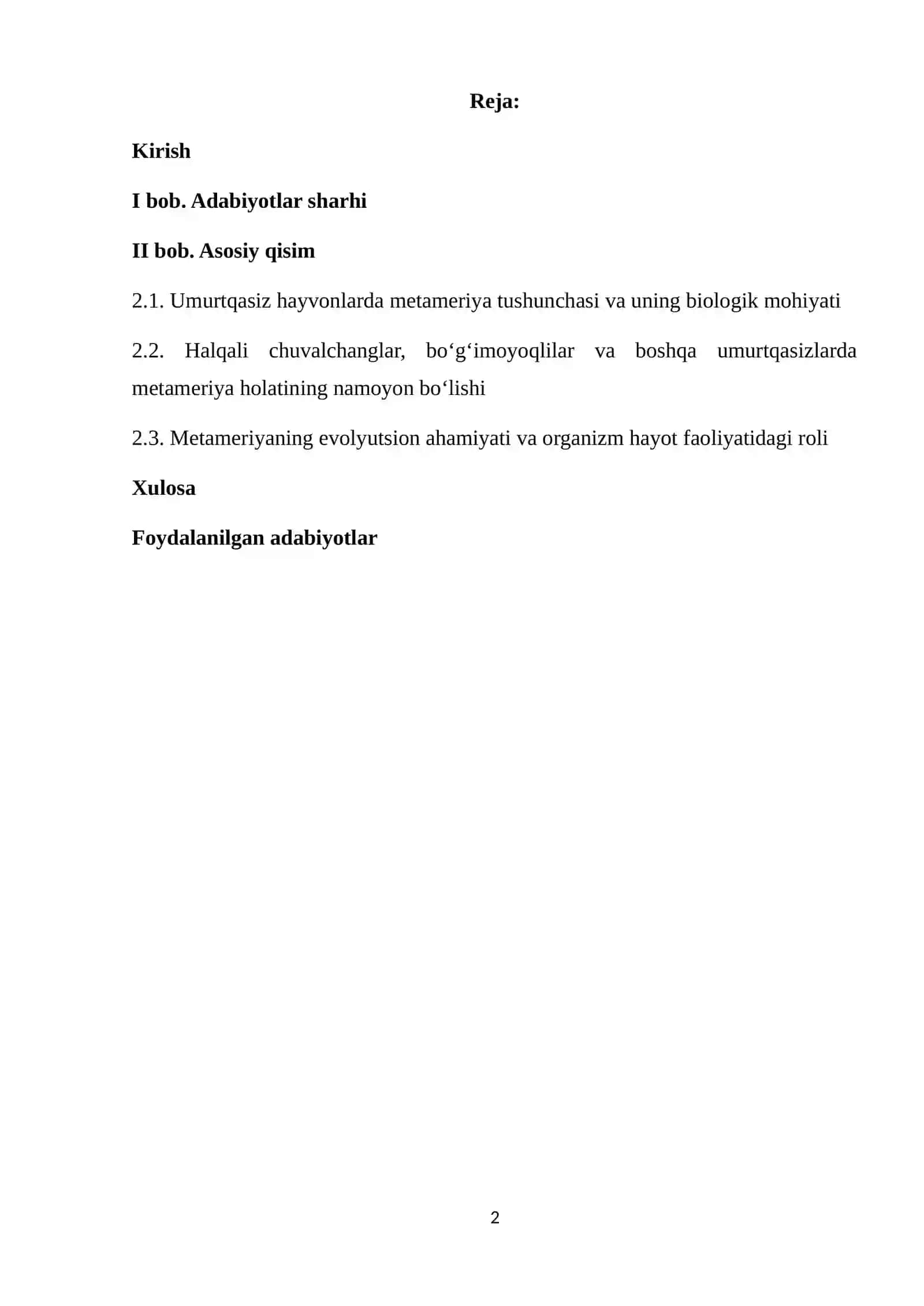 Umurtqasiz hayvonlarda metameriya holati mohiyati 2