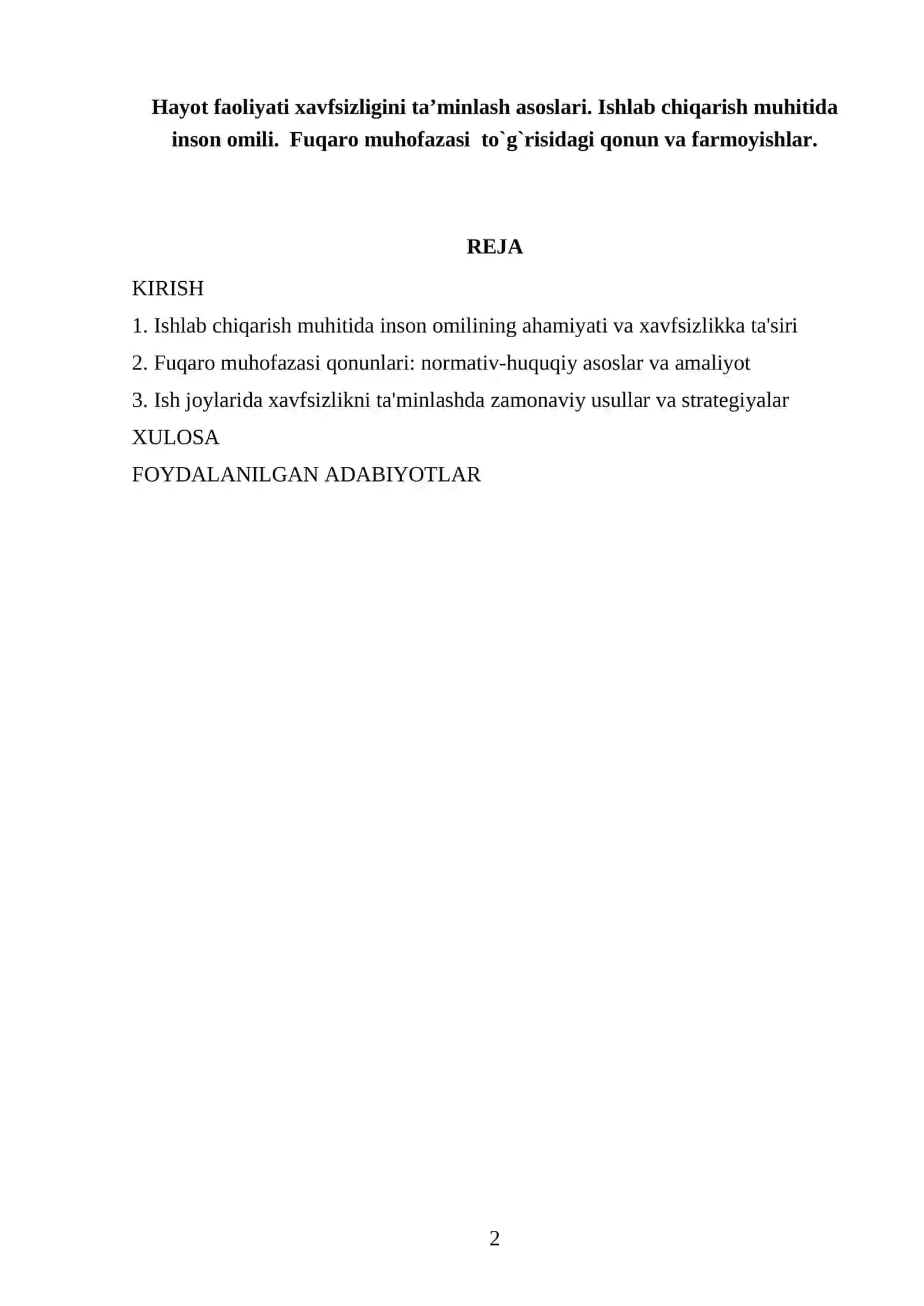 Hayot faoliyati xavfsizligini ta’minlash asoslari 2