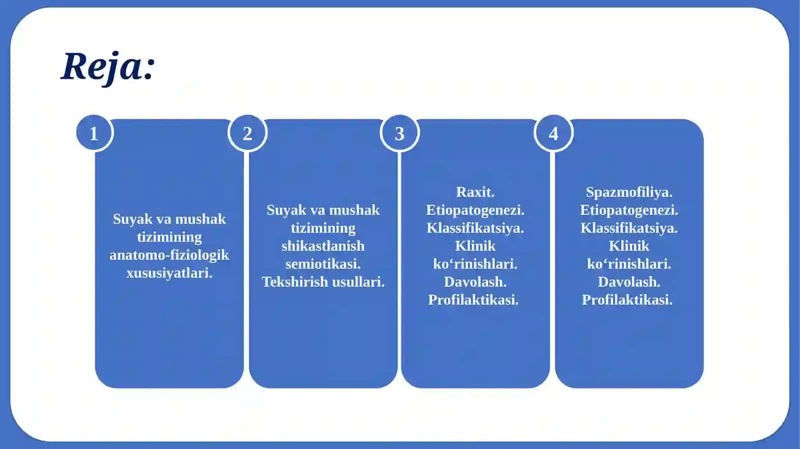 BOLALARDA SUYAK – MUSHAK TIZIMINING ASOSIY KASALLIKLARI SEMIOTIKASI: RAXIT KASALLIGI ETIOLOGIYA,PATOGENEZ, TASHXISI, DAVOLASH VA PROFILAKTIKASI.SPAZMOFILIYA 2