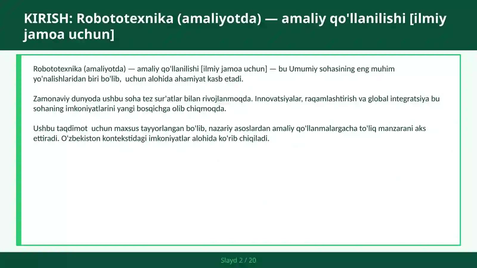 Robototexnika (amaliyotda) — amaliy qo'llanilishi [ilmiy jamoa uchun] 2
