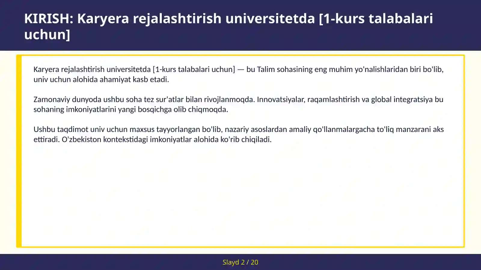 Karyera rejalashtirish universitetda [1-kurs talabalari uchun] 2