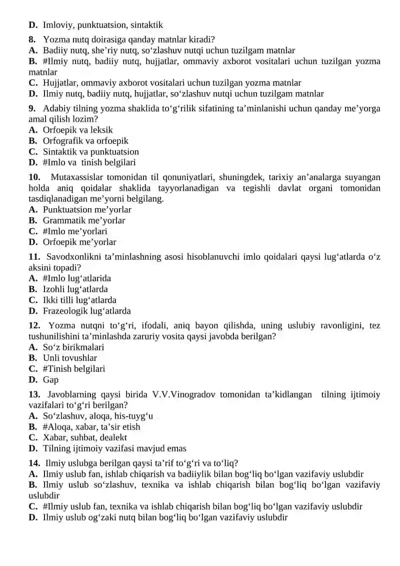 O‘zbek tilining sohada qo‘llanishi fanidan yakuniy nazorat uchun TEST SAVOLLARI 2