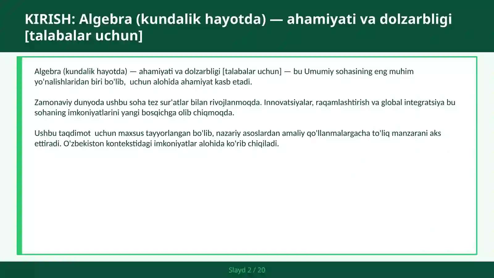 Algebra (kundalik hayotda) — ahamiyati va dolzarbligi [talabalar uchun] 2