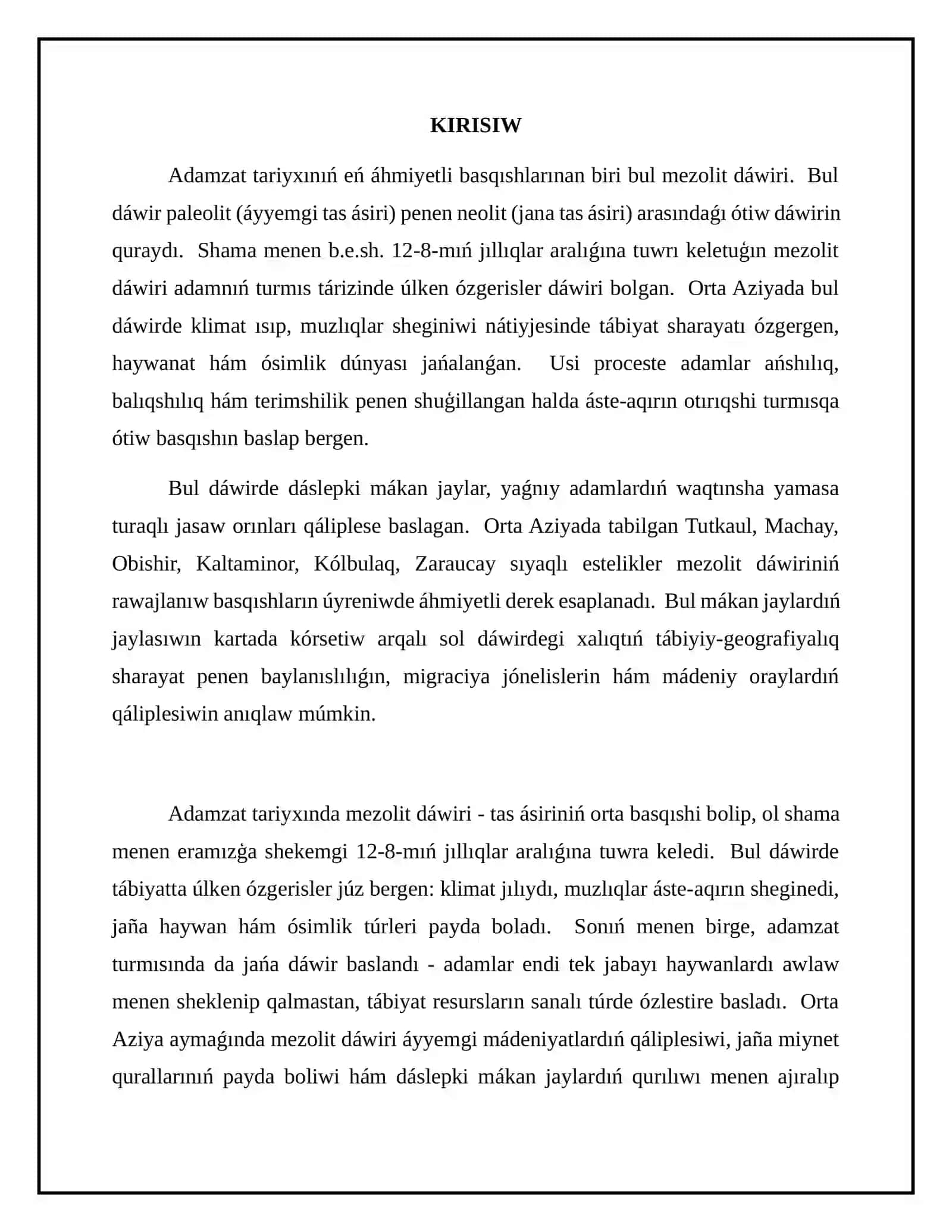 Mezolit dáwiri mákan jaylarının jaylasıwı hám úyreniliwi 2