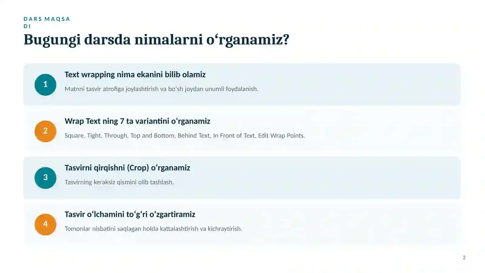 Wrap text sozlamalaridan foydalanish 2