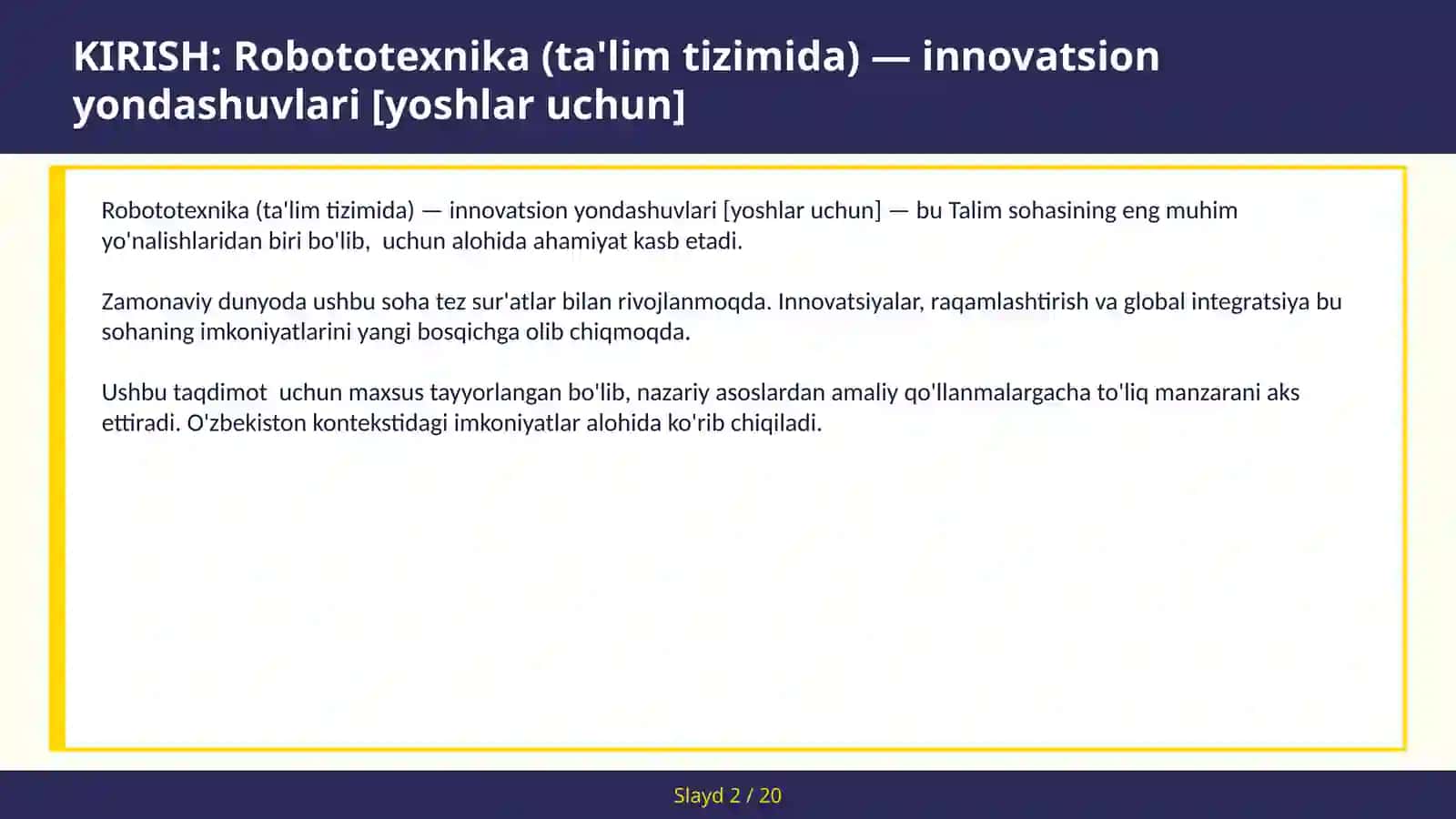 Robototexnika (ta'lim tizimida) — innovatsion yondashuvlari [yoshlar uchun] 2