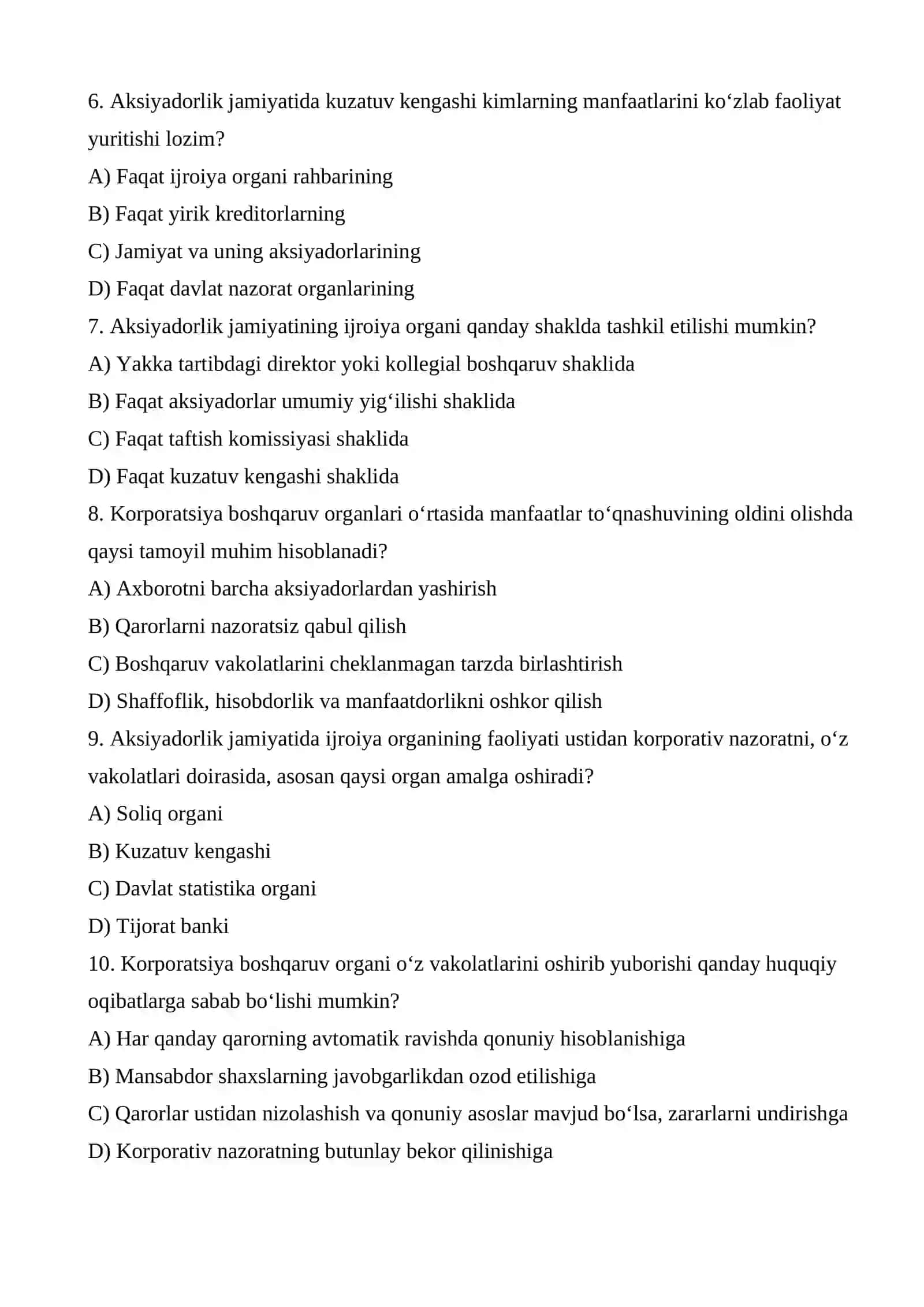 Korporatsiya boshqaruv organlarining vakolatlari umumiy yig‘ilish, kuzatuv kengashi va ijroiya organi o‘rtasidagi vakolatlar taqsimoti. test.docx 2