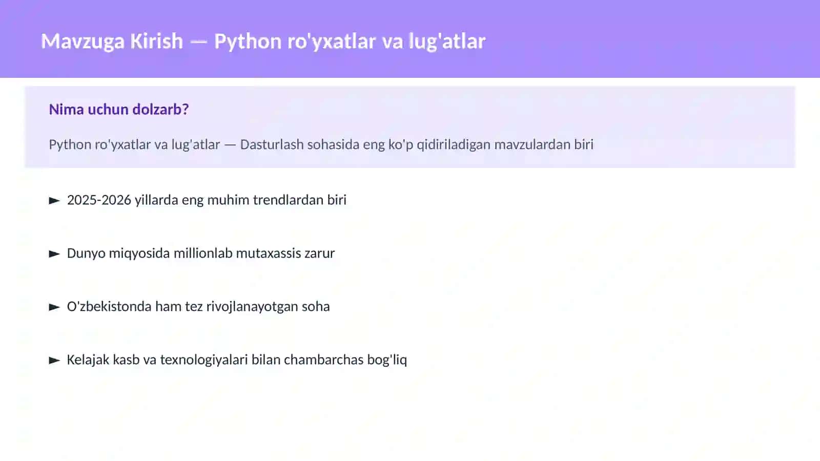Python ro'yxatlar va lug'atlar 2