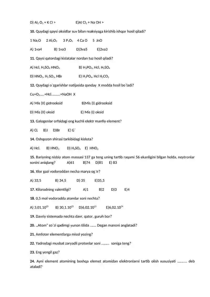 8-Sinf o`quvchilari uchun kimyo fanidan test savollari 2