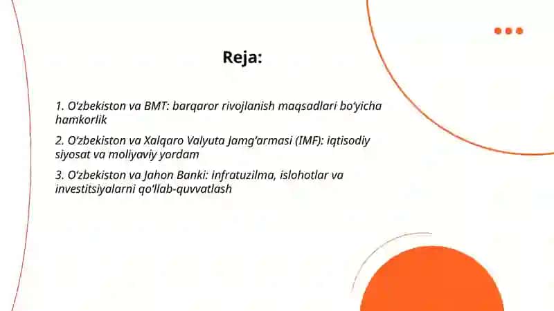 Oʻzbekistonning xalqaro tashkilotlari bilan xamkorlik aloqalari 2
