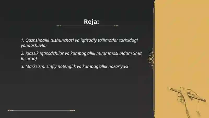 Iqtisodiy ta'limotlar tarixi fanidan: QASHSHOQLIK, TENGSIZLIK VA IQTISODIY O'SISH MUAMMOLARI 2