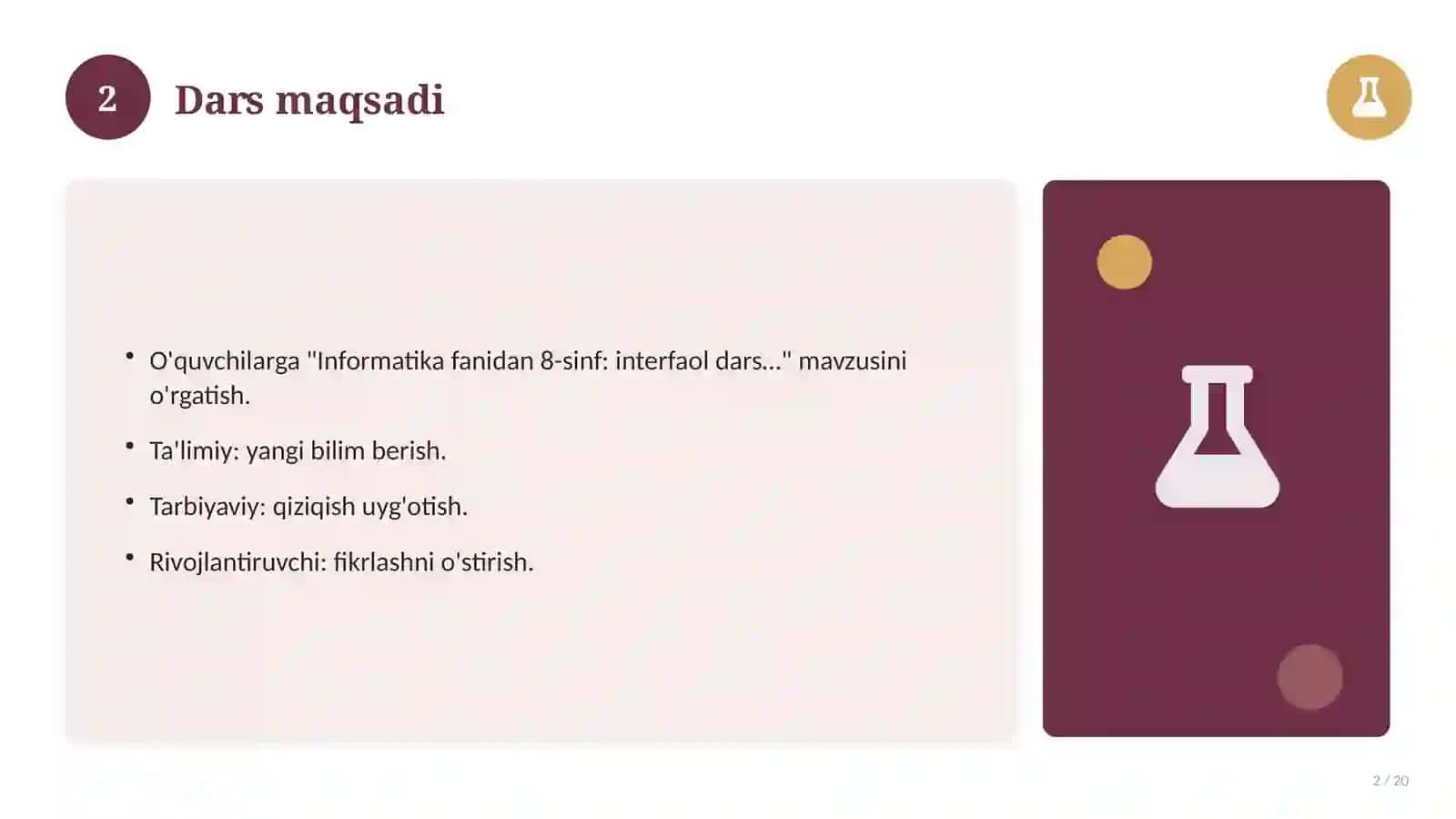 Informatika fanidan 8-sinf: interfaol dars ishlanmasi 2